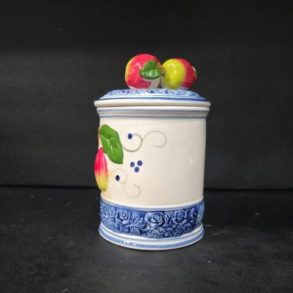 Kiln‎ Fired Clay Medium Apple Canister, Vintage Hand-Painted Kitchen Storage